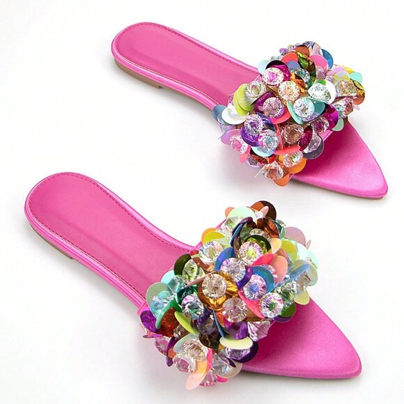 Hot Pink Gorgeous Women's Beaded Floral Satin Mule Sandals - Picture 2 of 4